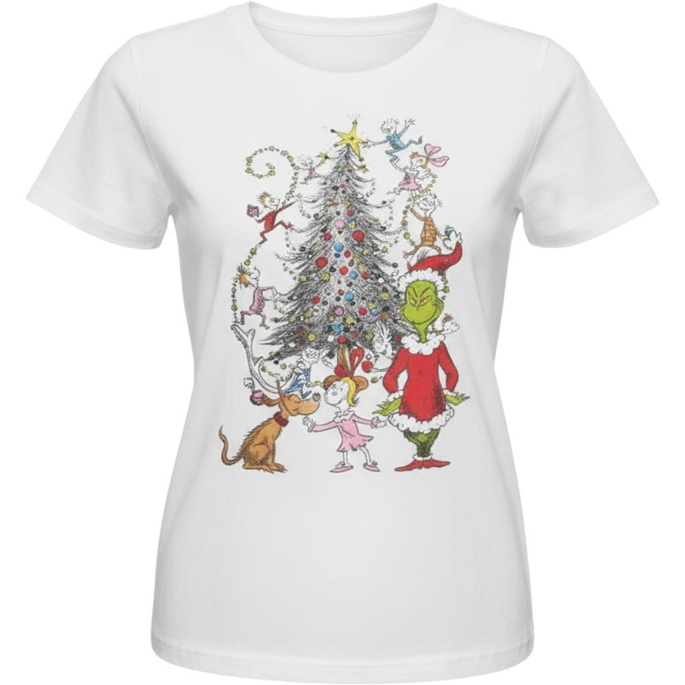 Dr Seuss The Grinch Whoville Christmas Tree Graphic T-Shirt White Womens XXL